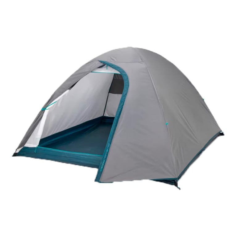 Gray and teal dome tent with open entrance showing interior sleeping space