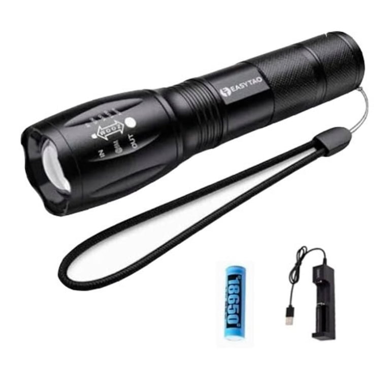 Black tactical flashlight with wrist strap, rechargeable battery, and USB charger included
