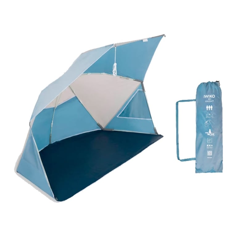 Blue and gray portable beach umbrella with carrying bag displayed against white background