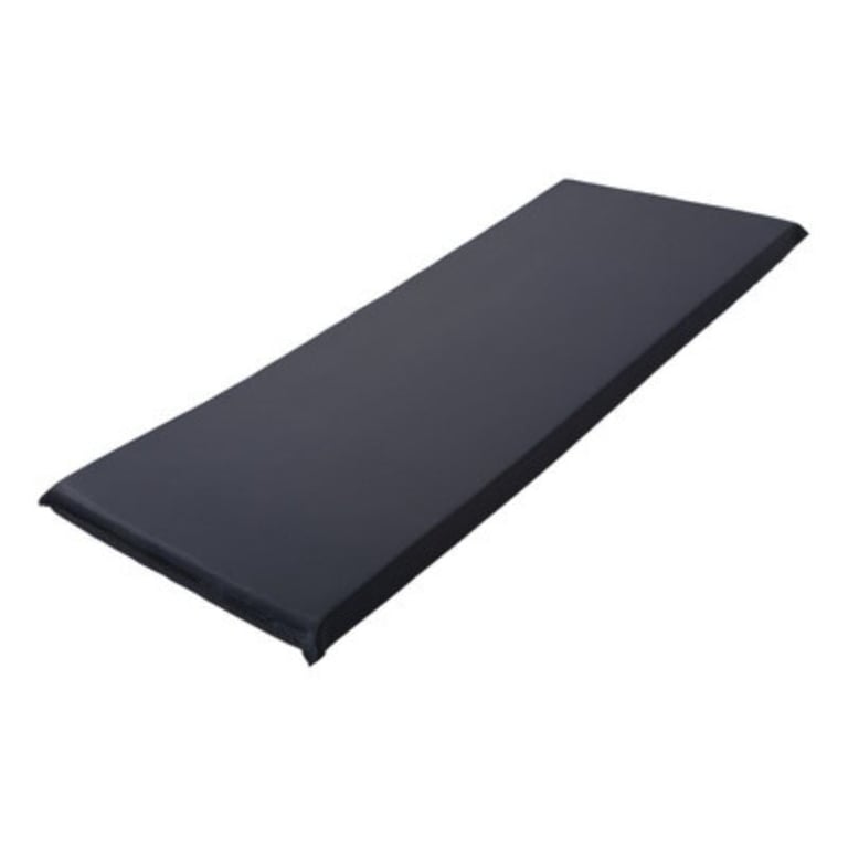 Black padded foam sleeping mat or yoga pad with rolled edges on white background