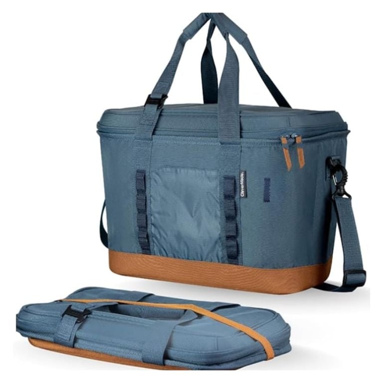 Blue and tan insulated tote bag with shoulder straps and removable thermal cooler base