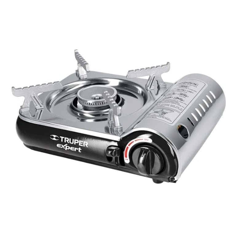 Truper Expert portable camping stove with burner, fuel canister, and control knob