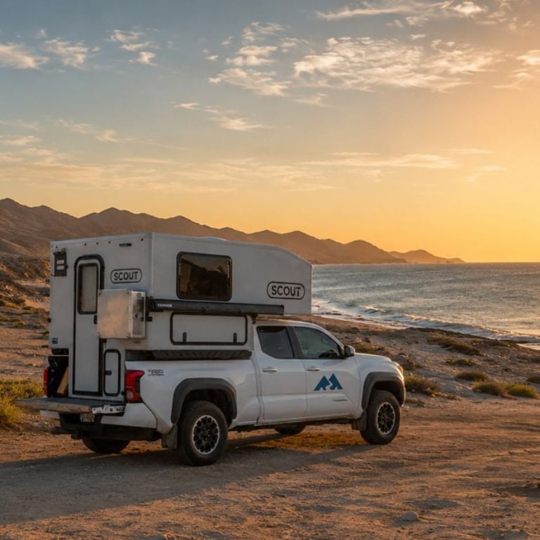 Compact white camper van parked on desert beach at sunset with mountains and ocean in background