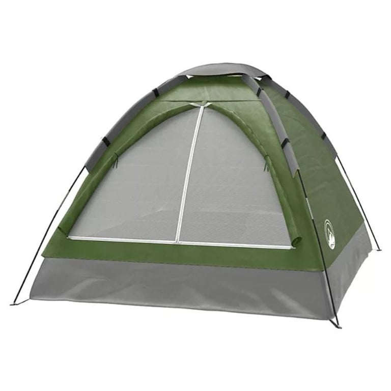 Green and gray camping tent with transparent mesh window and dome shape design