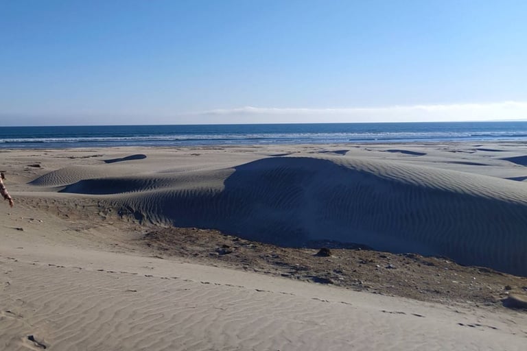 Large shadow-covered sand dune on a beach with ocean and clear sky in the background