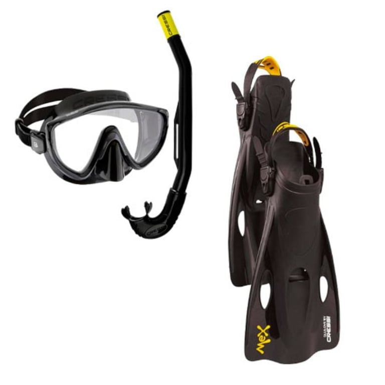 Snorkeling gear set including diving mask, snorkel tube, and black fins with yellow accents