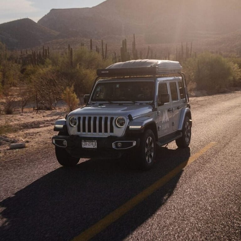 White Jeep parked on a desert road with saguaro cacti and mountains in the background