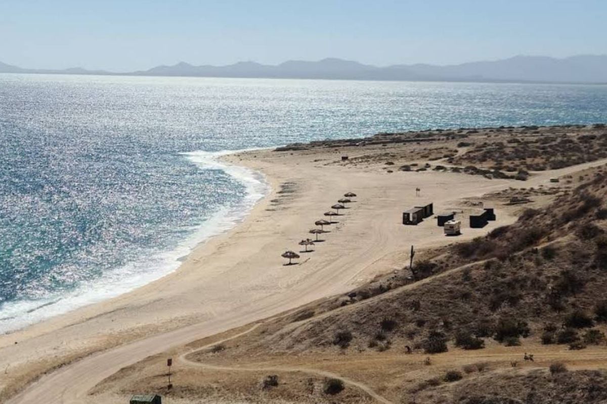 Aerial view of a sandy beach with white waves, lined with umbrellas and loungers, mountains visible across the blue sea horizon