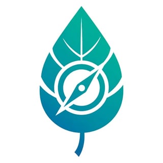 Teal leaf-shaped icon with a compass symbol in the center