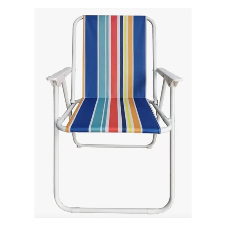 Lightweight camping chair with white metal frame and multicolored striped fabric seat and backrest