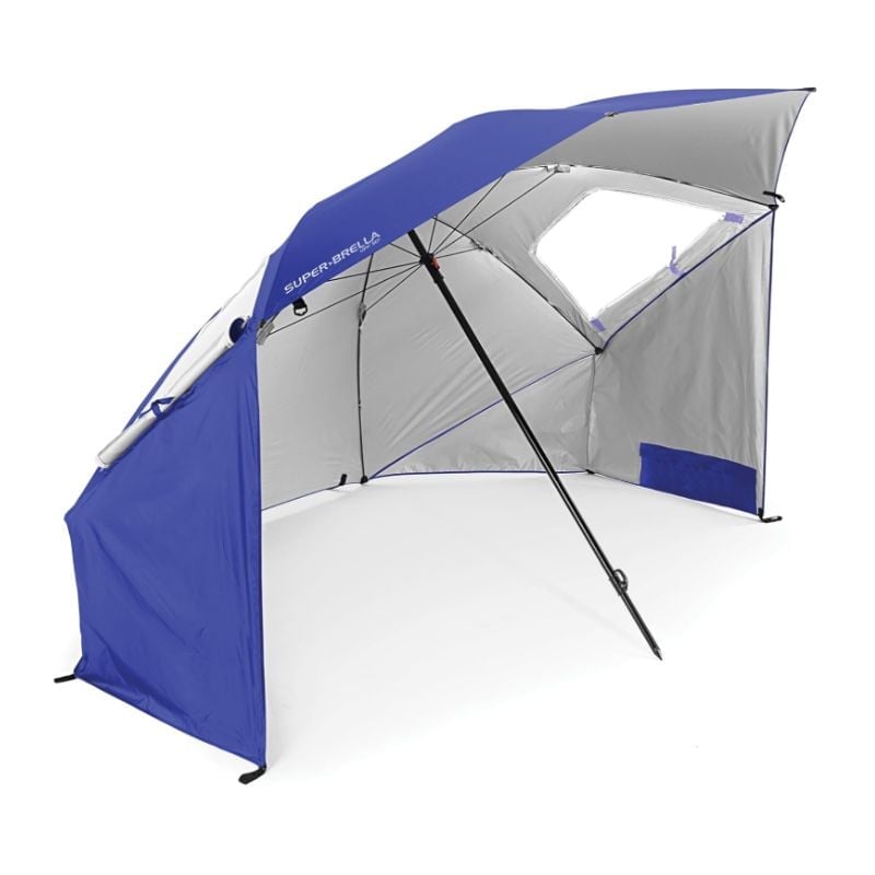 Blue and gray beach tent with an arched canopy and an open front for sun protection