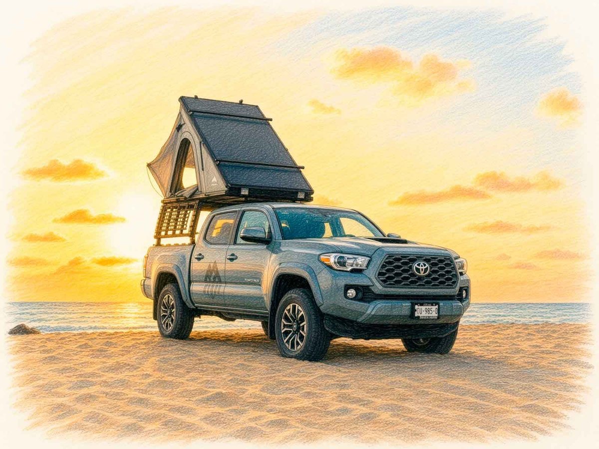 Gray Toyota Tacoma with a pop-up rooftop tent set up on the beach at sunset, golden sky and ocean behind it