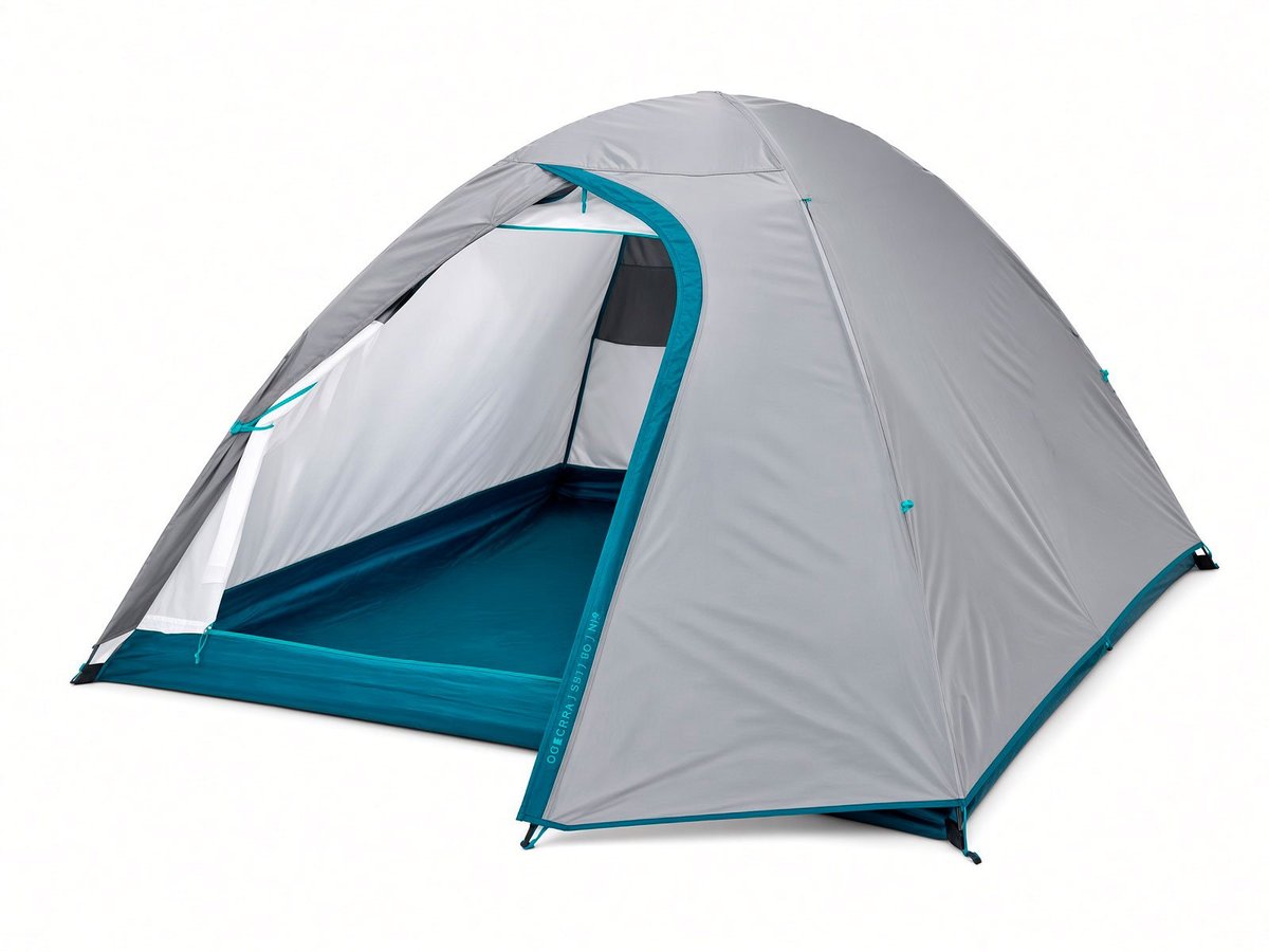 Gray and turquoise 3-person camping tent with an open door and inner mesh