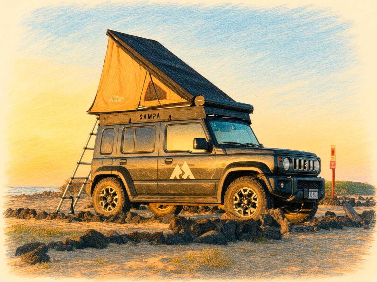 Black Suzuki Jimny with a pop-up rooftop tent parked on sandy desert ground at sunset