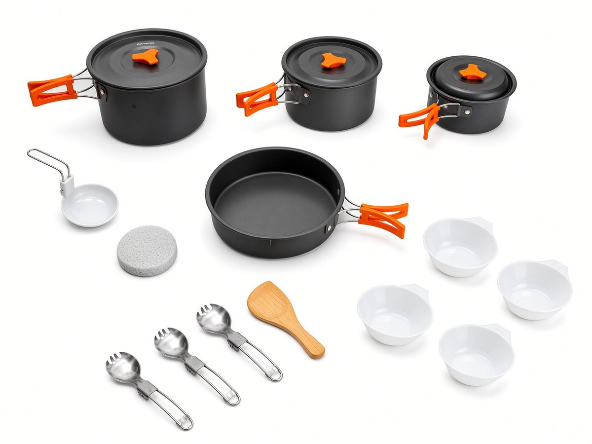 Kitchen kit for 4: three black pots with orange handles, a pan, utensils, and four bowls