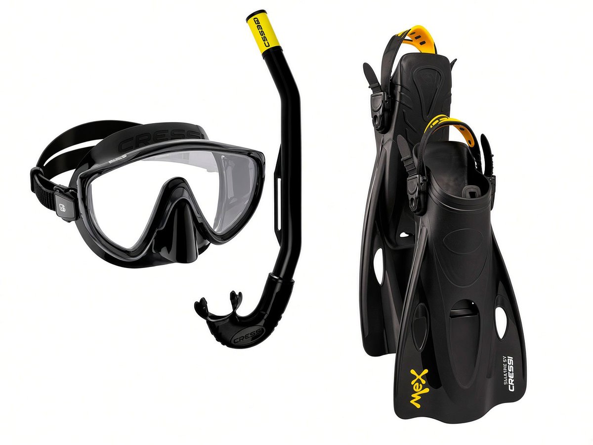 Snorkel kit with a black clear-lens mask, a curved snorkel, and black fins with yellow accents