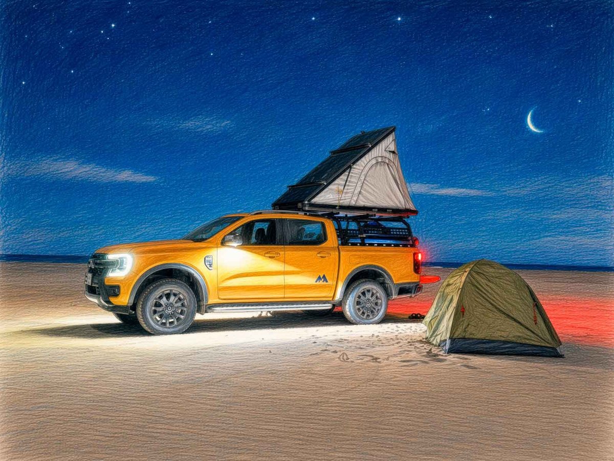 Orange Ford Ranger Wildtrak with a rooftop tent and camping setup on a desert beach at dusk with a crescent moon