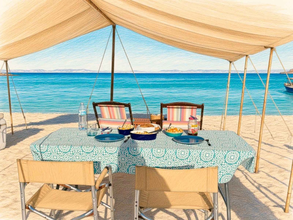 Ilustración de mesa servida bajo carpa playera en Isla Espíritu Santo con vista al mar turquesa del Mar de Cortés