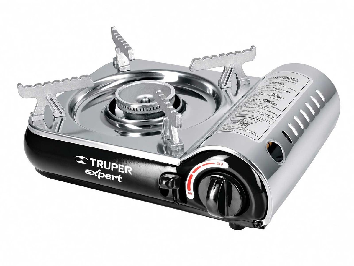 Truper Expert single-burner portable camping stove with a gas cartridge adapter