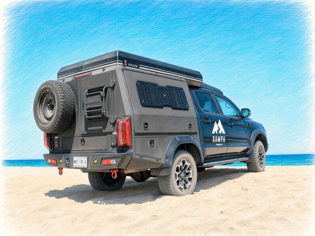 Blue expedition camper truck with a rooftop tent parked on the beach by turquoise water under a clear sky