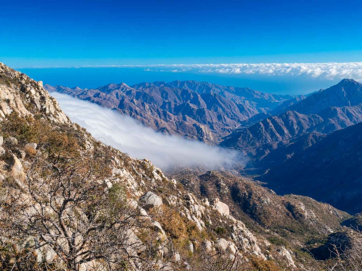 Cresta del sendero El Puerto con vegetación dispersa sobre valle envuelto en nubes blancas y cielo azul