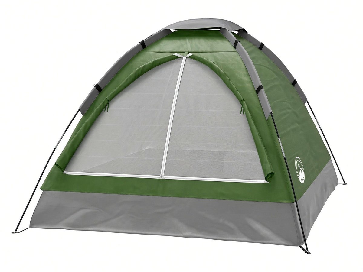 Green and gray 2-person camping tent with mesh windows