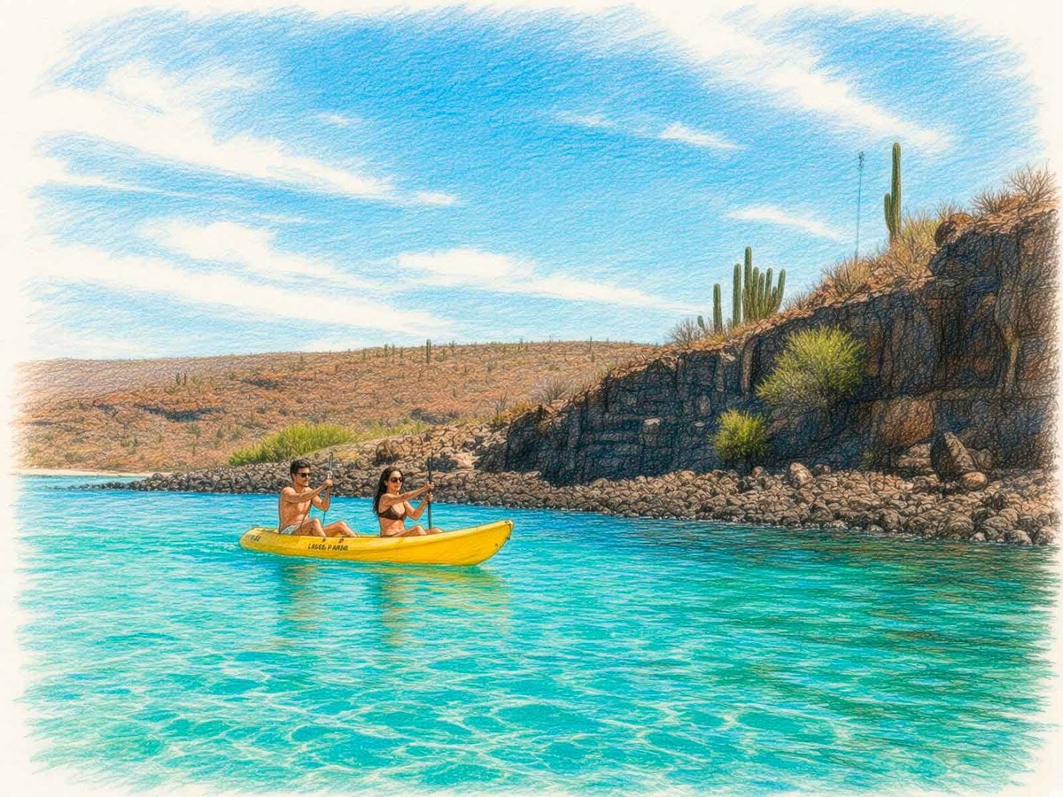 Ilustración de kayak amarillo con dos personas remando junto a costa rocosa con cactus en Isla Espíritu Santo