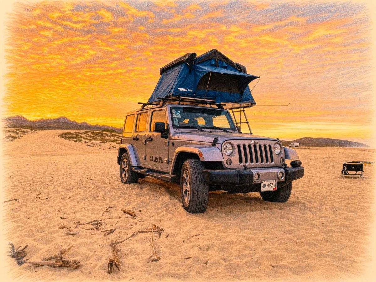 Jeep Wrangler with a rooftop tent in the desert at sunset, golden sky and sandy landscape