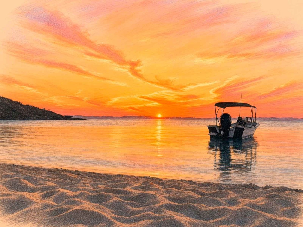 Ilustración de una panga fondeada en agua calma al atardecer frente a playa arenosa en Isla Espíritu Santo