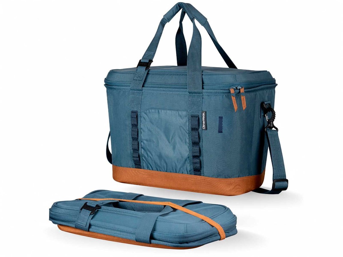 Blue tote cooler with a sand-colored base, handles, and a removable insert folded at the front