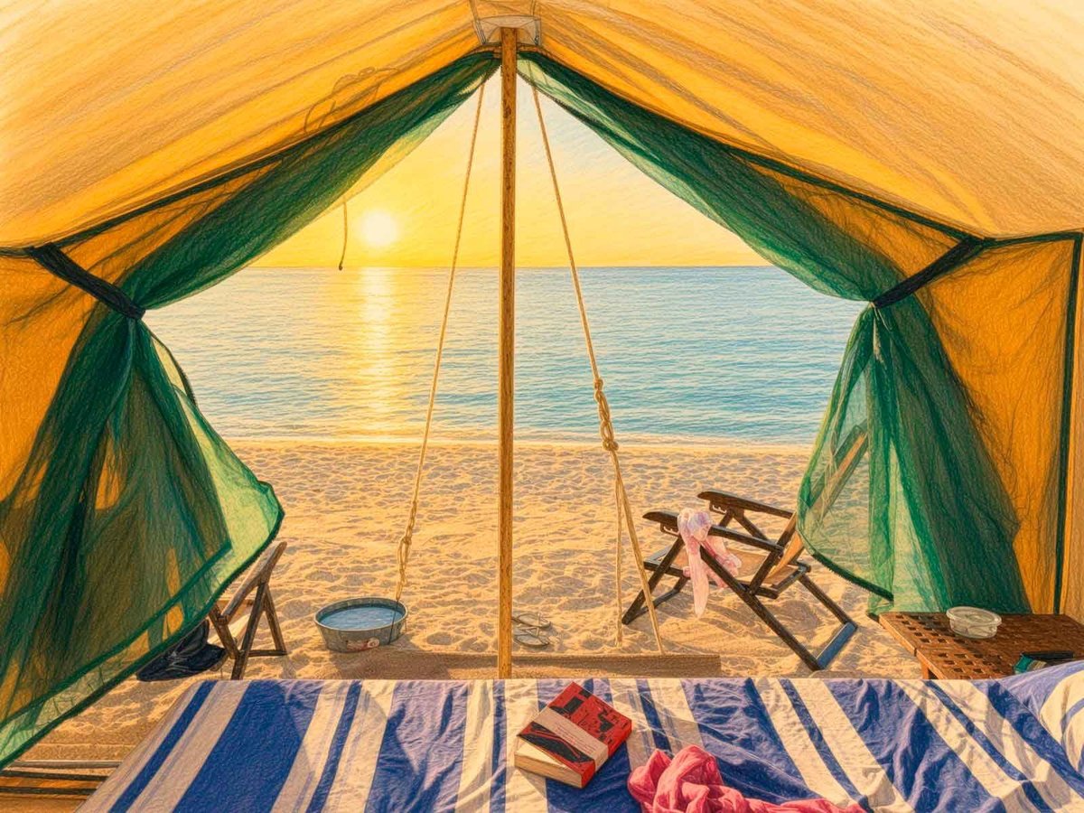 Ilustración vista desde el interior de una tienda con cortinas verdes hacia una persona sentada en la playa al atardecer